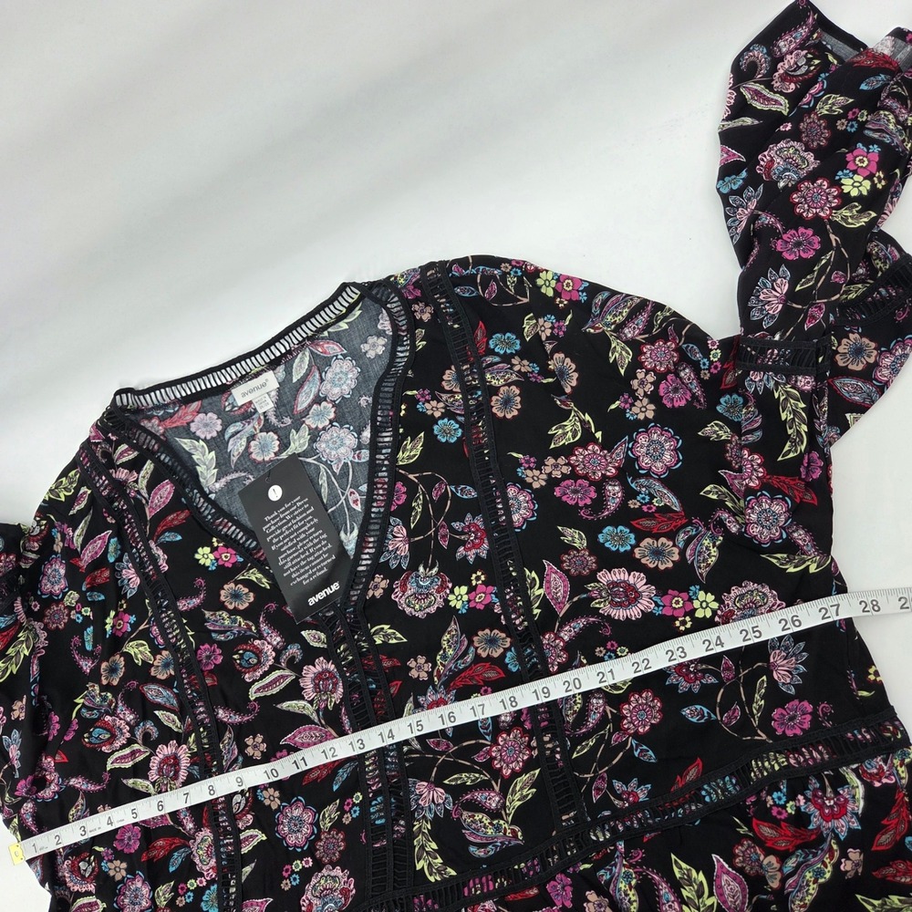 Avenue Bohemian Print Top 26/28 Black Paisley Daisy Lace Trim Bell Sleeve Boho - Picture 7 of 8